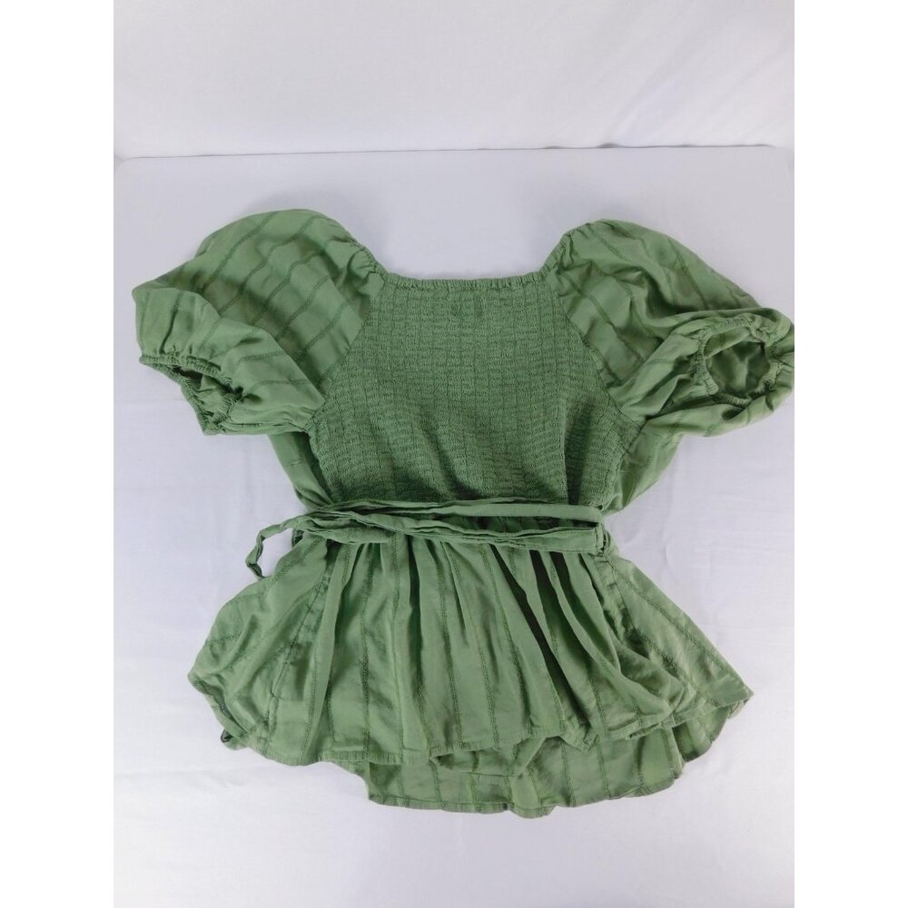 Old Navy Blouse Womens XL Green Puff Sleeve Wrap Tie Waist Tunic Top Striped - Picture 2 of 5